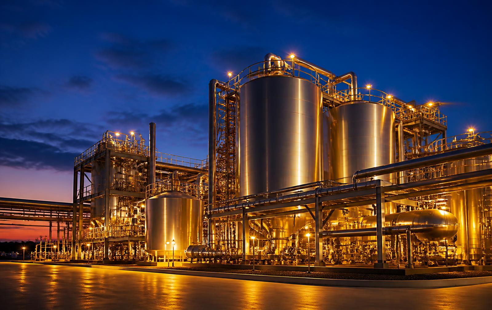 Lubricant blending plant illuminated at dusk
